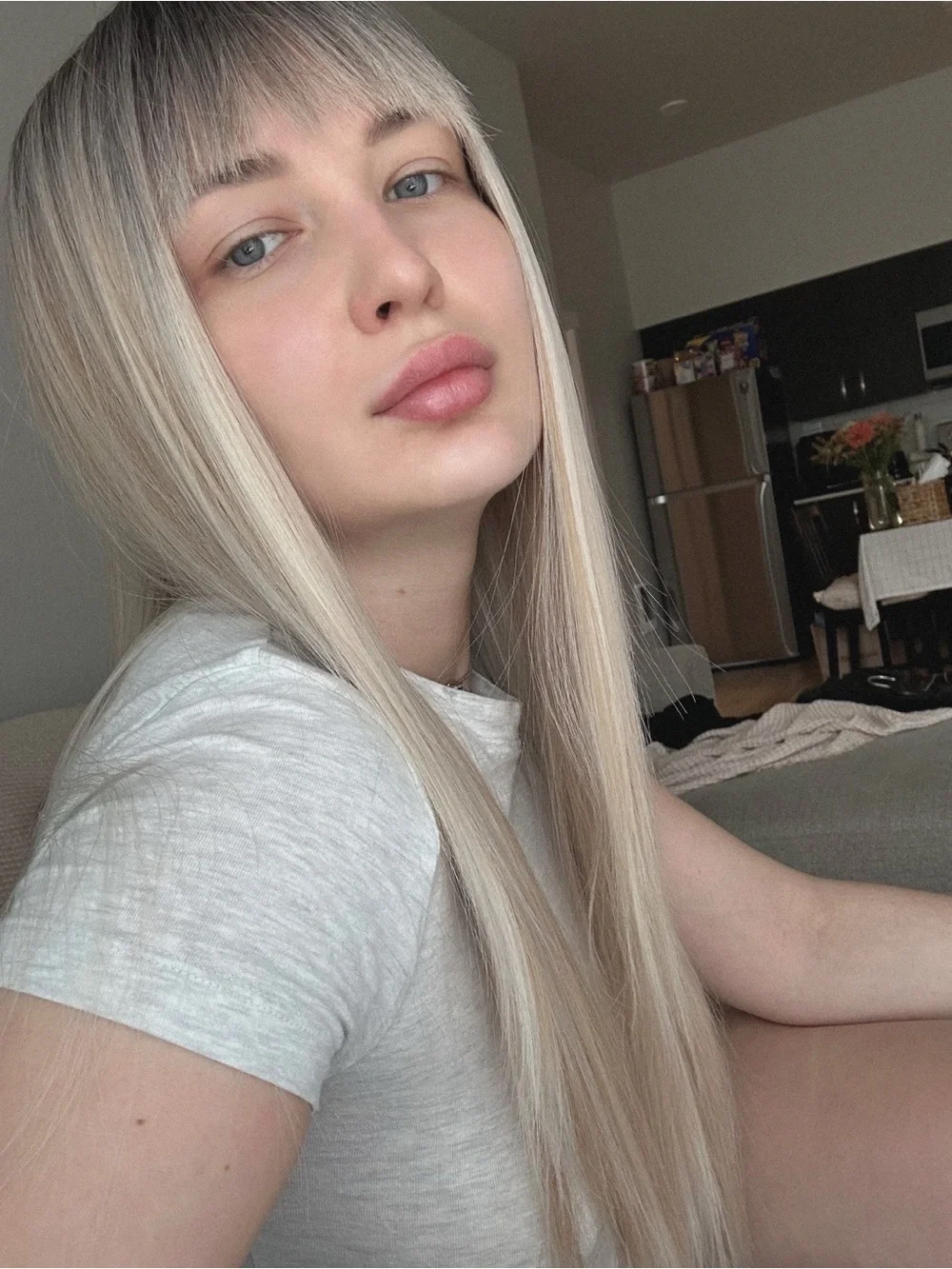 Blonde Ombre Long Straight Wig with Bangs - Neutral Roots